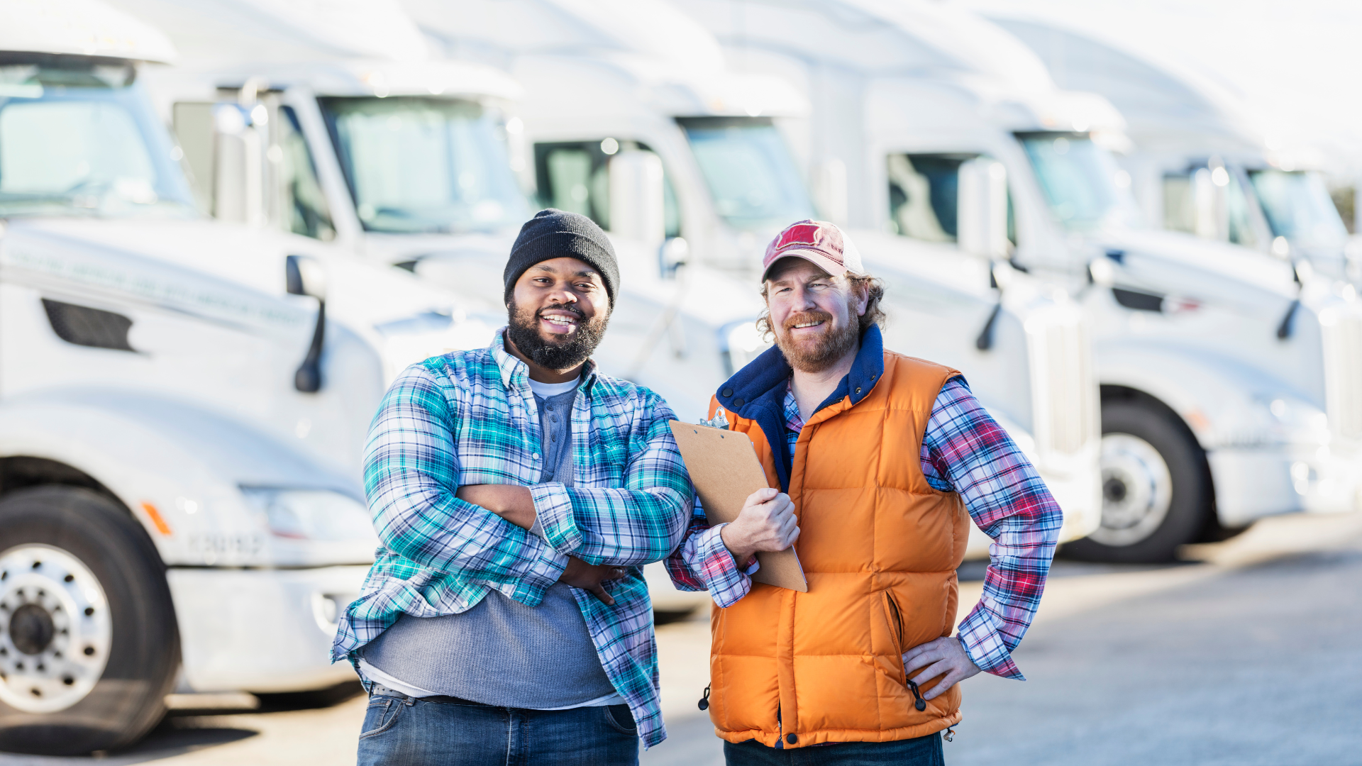 Two men standing in front of semi-trucks, smiling, with one holding a clipboard, representing transportation industry workers and the importance of accurate workers comp class codes. 